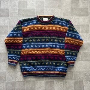 Wool YETI Colorful vintage chunky cable knit sweater geometric women’s large